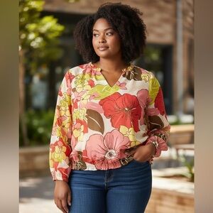 Chico’s vibrant, floral BoHo sheer top with the neck and elastic waist, size 2